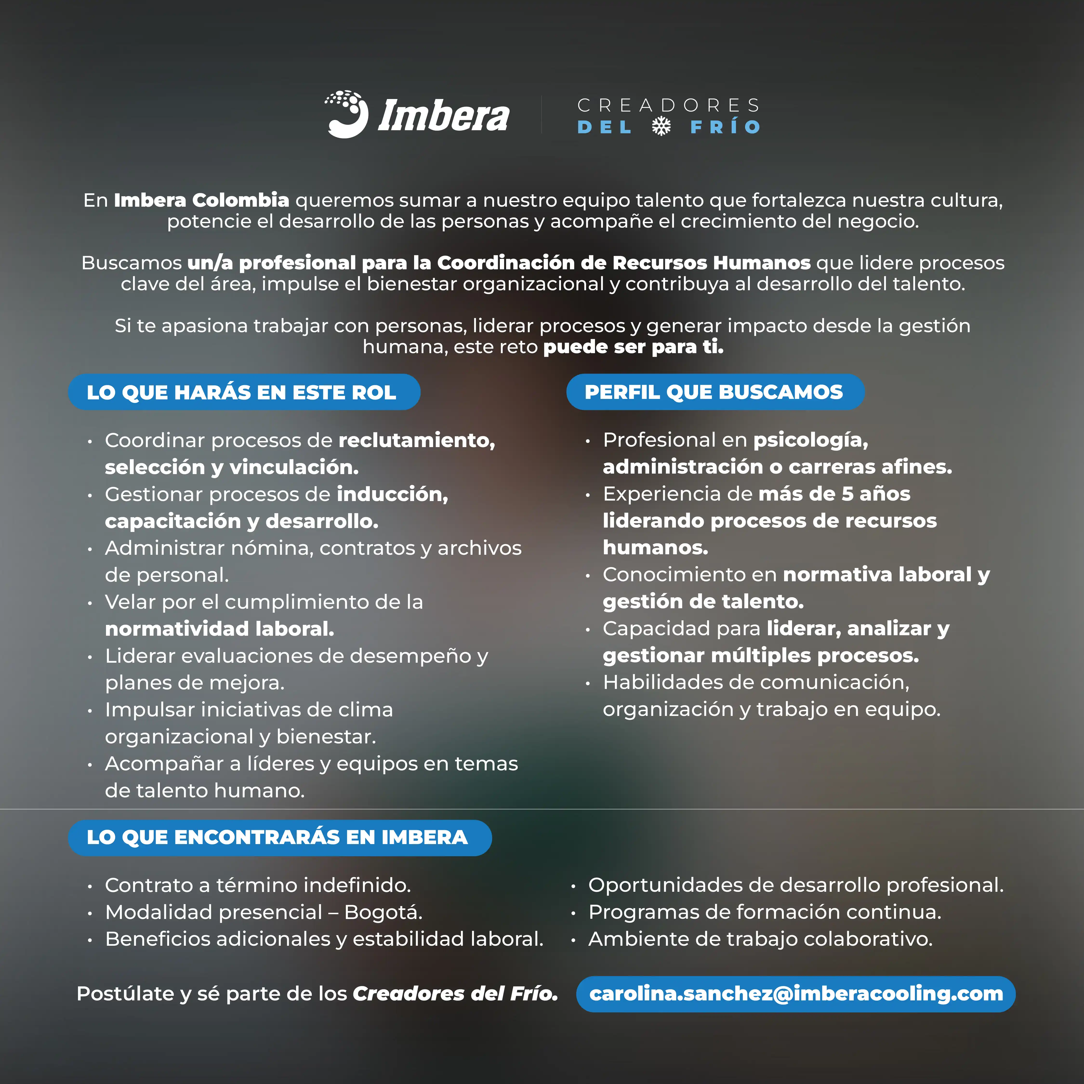 Oferta laboral COORDINADOR RH Imbera Colombia